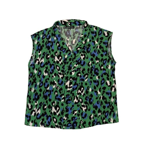 Sleeveless Animal Print Green Leopard Blouse VNeck Small Cheetah Career Top - Picture 1 of 7